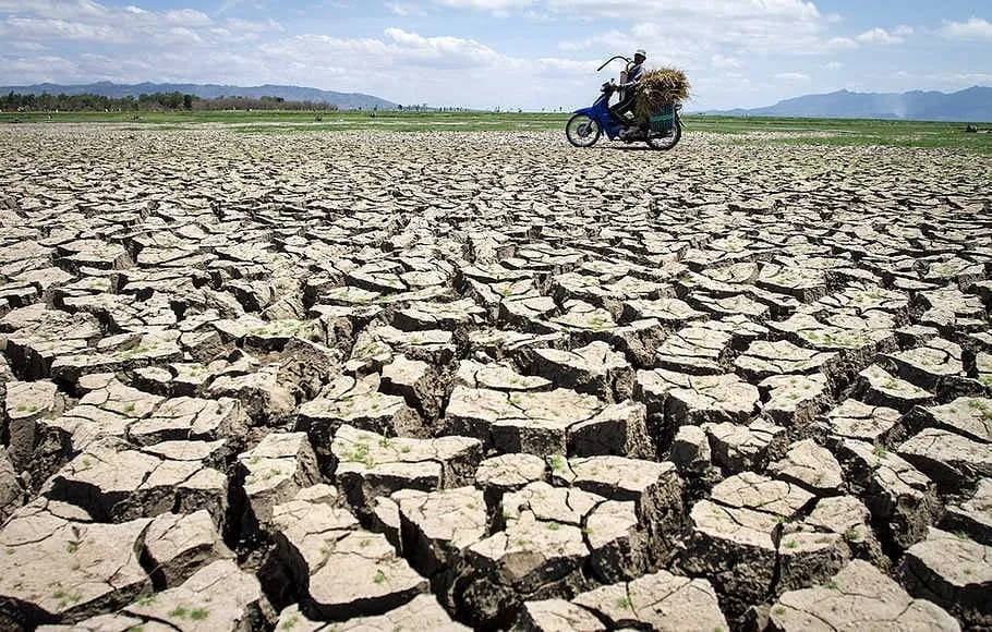 Motorcyclist crossing a drought-cracked field
